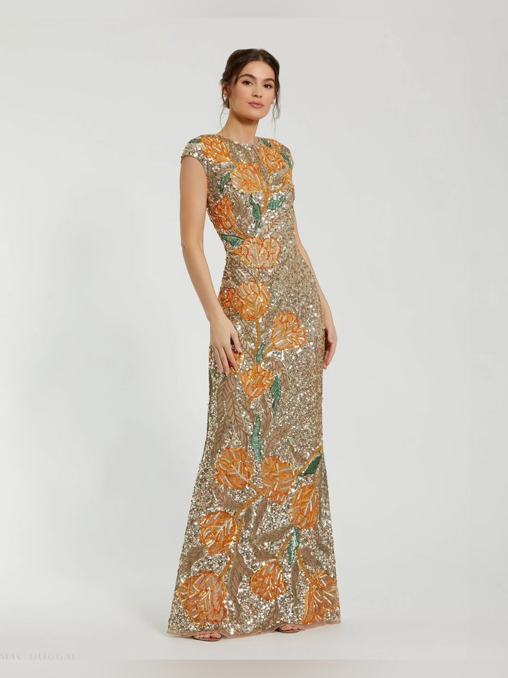 Mac Duggal Fitted Cap Sleeve Gown Maxi Gown Floral Beading Sequins Gold Multi 12